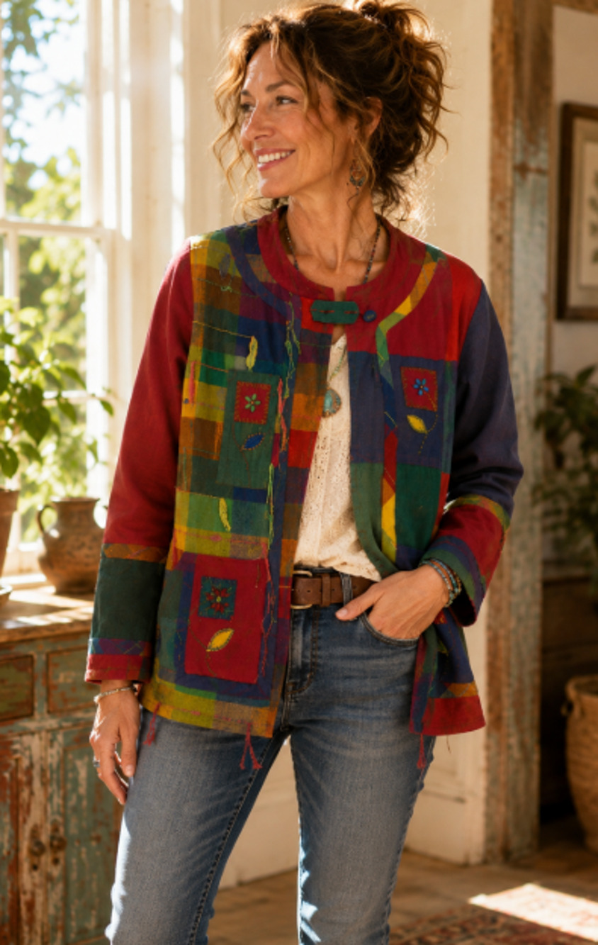 Yak Magik vintage Jacket Boho Wearable Art Patchwork Beaded Colorful Medium